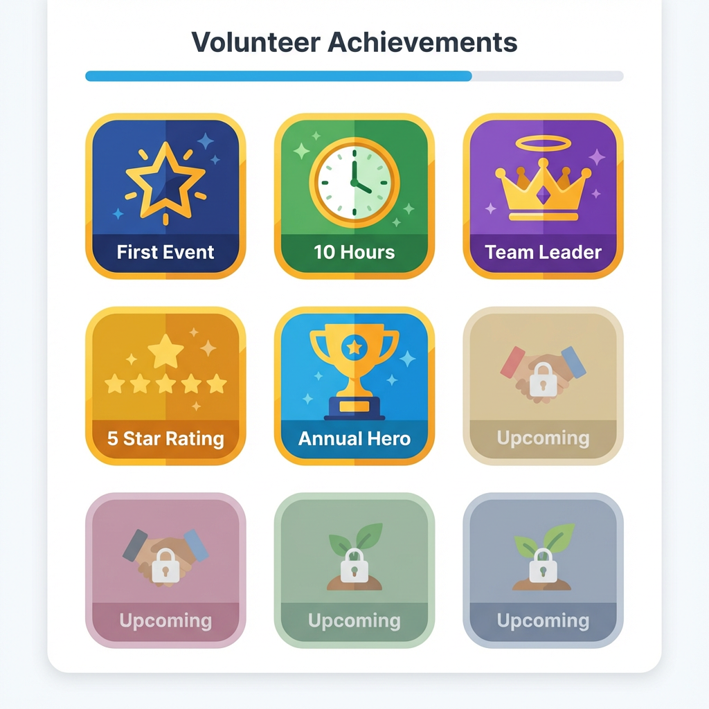 Collection of colorful volunteer achievement badges including First Event, Team Leader, and Annual Hero