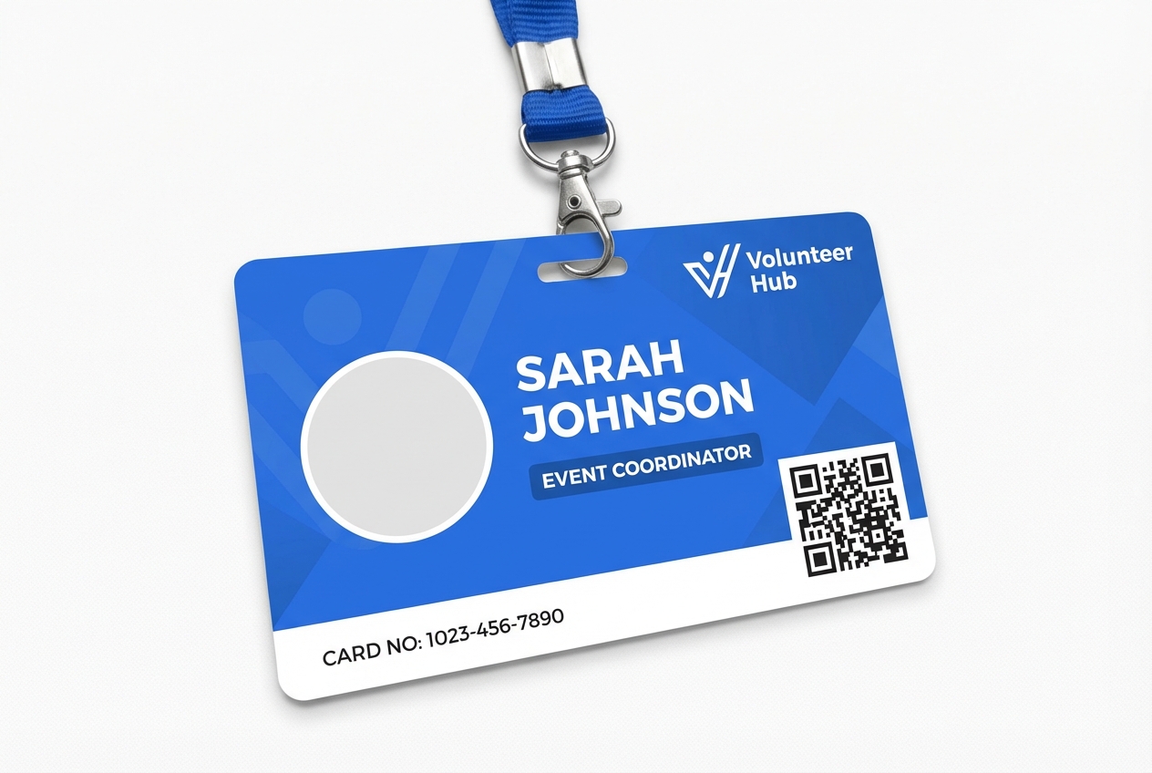 Professional branded volunteer ID card with photo, role badge, and QR code